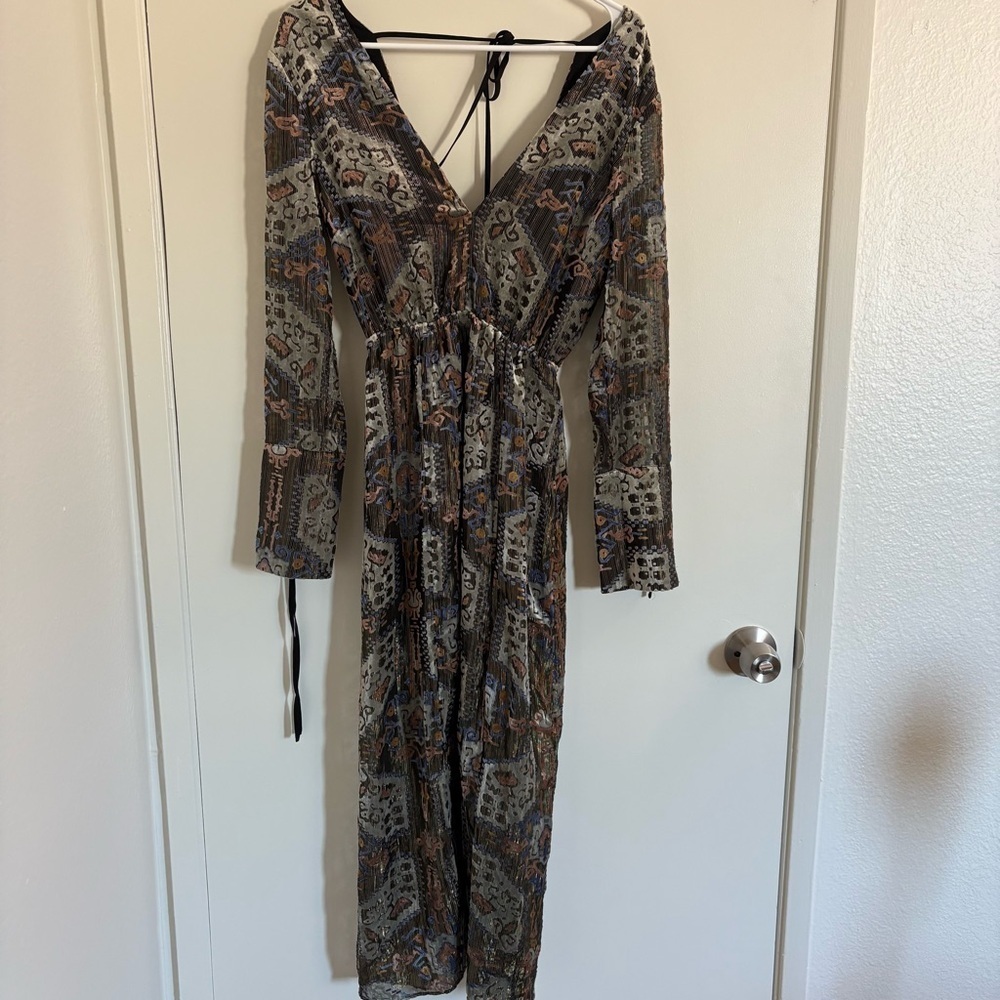 TOPSHOP Fairy Women Size 2 Floral Velvet 70s Style Front Slits Midi Dress Gold - Picture 2 of 14